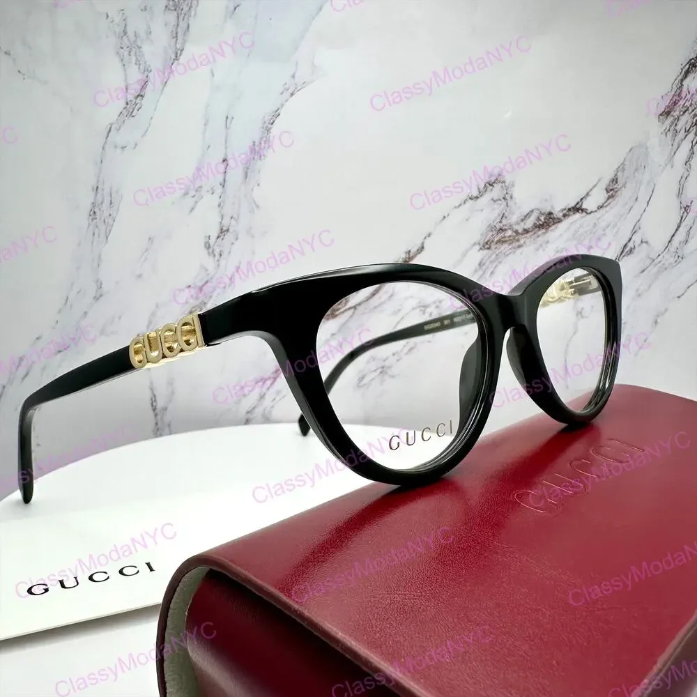 New GUCCI Eyeglasses Black 50mm Acetate Cat Eye Gold Cut Out Metal Logo Rx-able